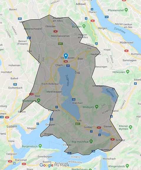 Karte des Liefergebiets der Wild Handels AG rund um Zug, von Affoltern am Albis bis Schwyz und Vitznau